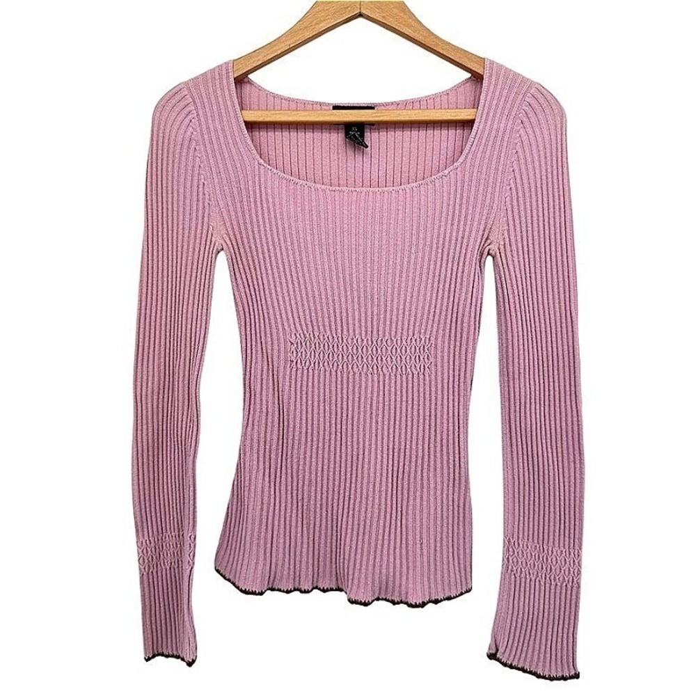 American Eagle Y2K Ribbed Knit Sweater Square Neck Long Sleeve Stretchy Pink XS